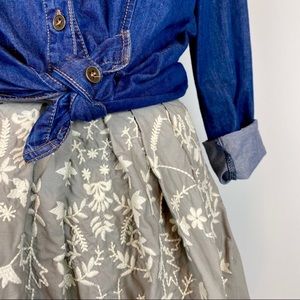 Anthro Gray flare skirt with white embroidery